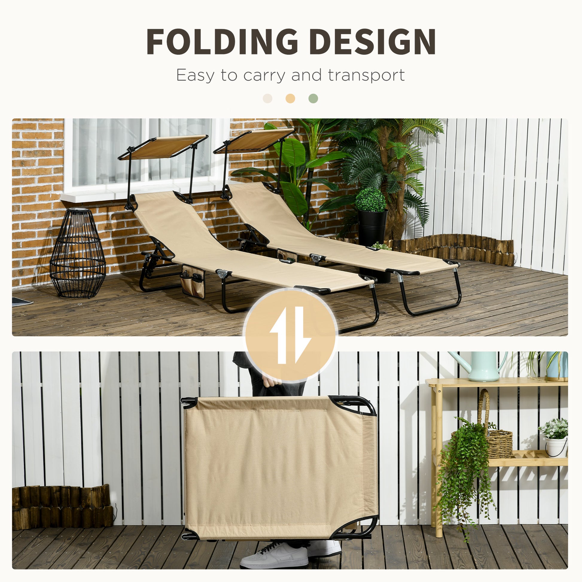 Outsunny 2 Piece Folding Sun Loungers with Canopy, Adjustable Recliner Garden Chairs with Side Pocket, Steel Frame and Breathable Mesh for Outdoor, Pool, Beach, Garden, Tan Brown
