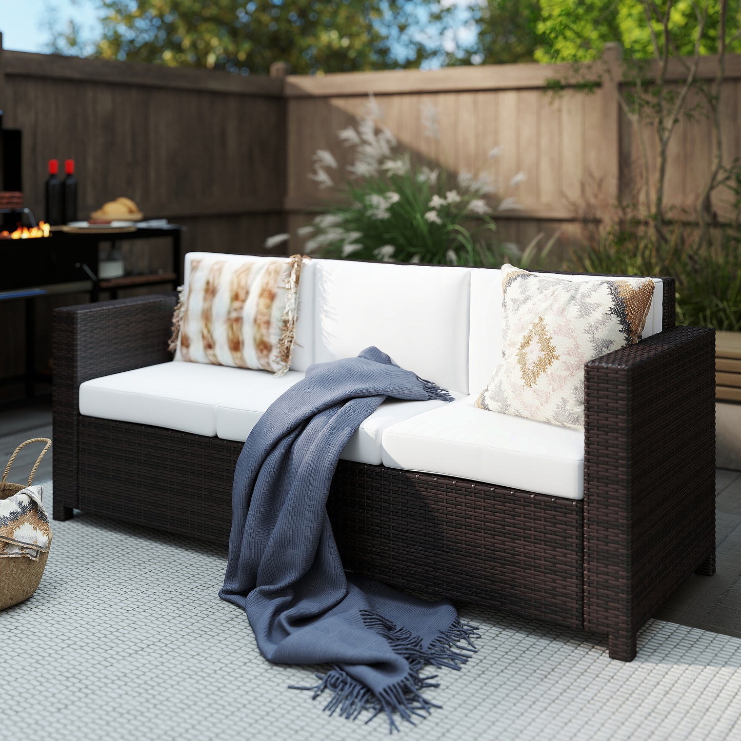 Ibiza 3 Seater Rattan Sofa, All-Weather Wicker Weave Metal Frame Chair with Fire Resistant Cushion, Brown