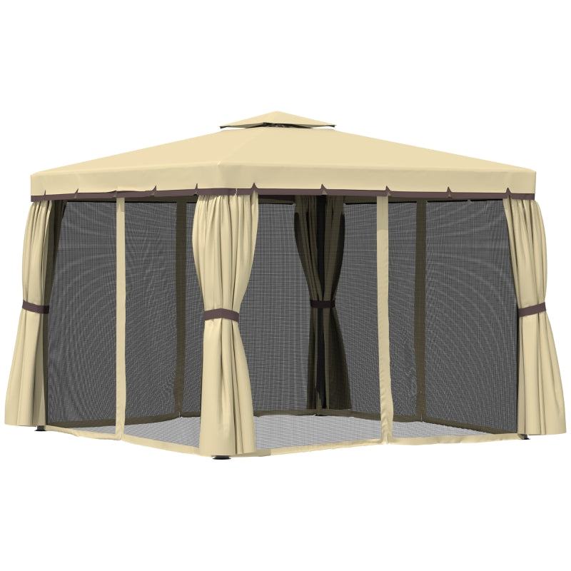 3m x 3m Beige Double – Tier Water – Resistant Garden Gazebo with Mesh Curtains, Metal Frame & Ground Fixing Kit