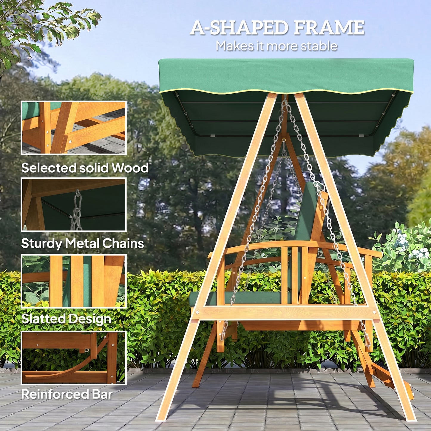 Outsunny 3 Seater 2-in-1 Wooden Garden Swing Seat Swing Chair, Outdoor Convertible Hammock Bench w/cushion, Furniture Lounger Bed, Dark Green