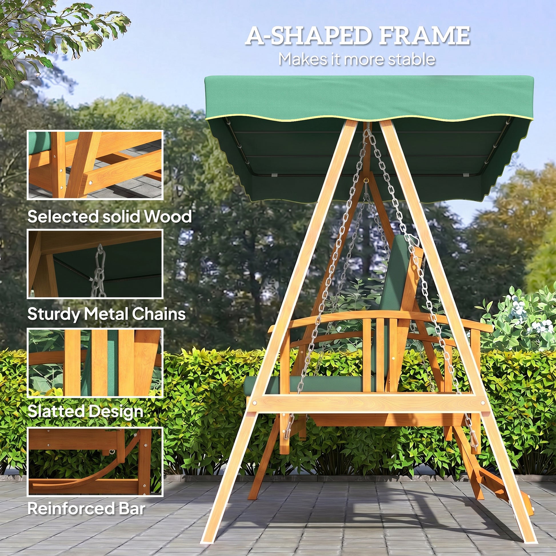 Outsunny 3 Seater 2-in-1 Wooden Garden Swing Seat Swing Chair, Outdoor Convertible Hammock Bench w/cushion, Furniture Lounger Bed, Dark Green