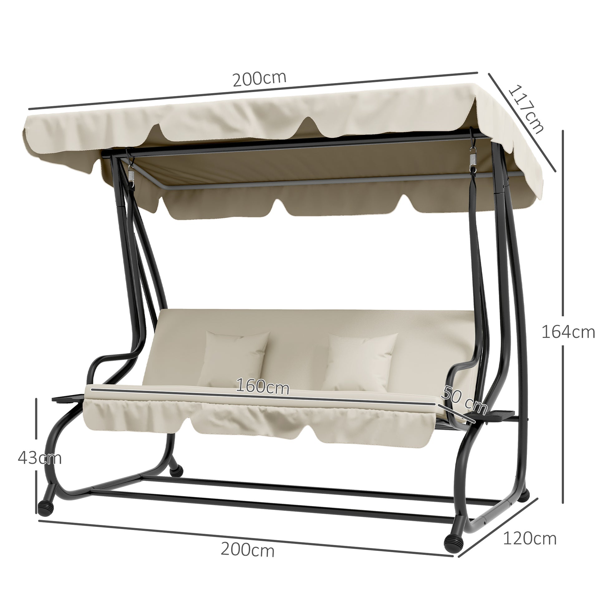 Outsunny Three-Person garden Swing Chair, with Adjustable Canopy - Cream