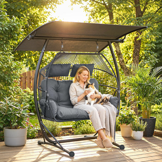 Monaco Double Hanging Egg Chair with Canopy, Rattan Garden Egg Swing Chair with Cushion, Stand for, Dark Grey