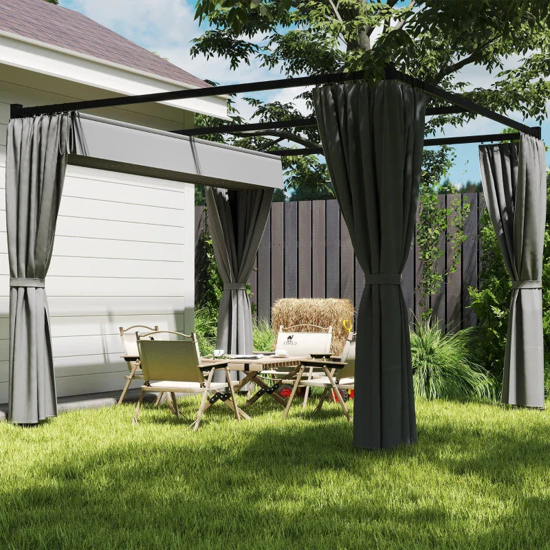 Light Grey 3m x 3m Retractable Roof Pergola Canopy – Outdoor Patio Shelter with Curtains, Metal Frame & Secure Fixing Kit