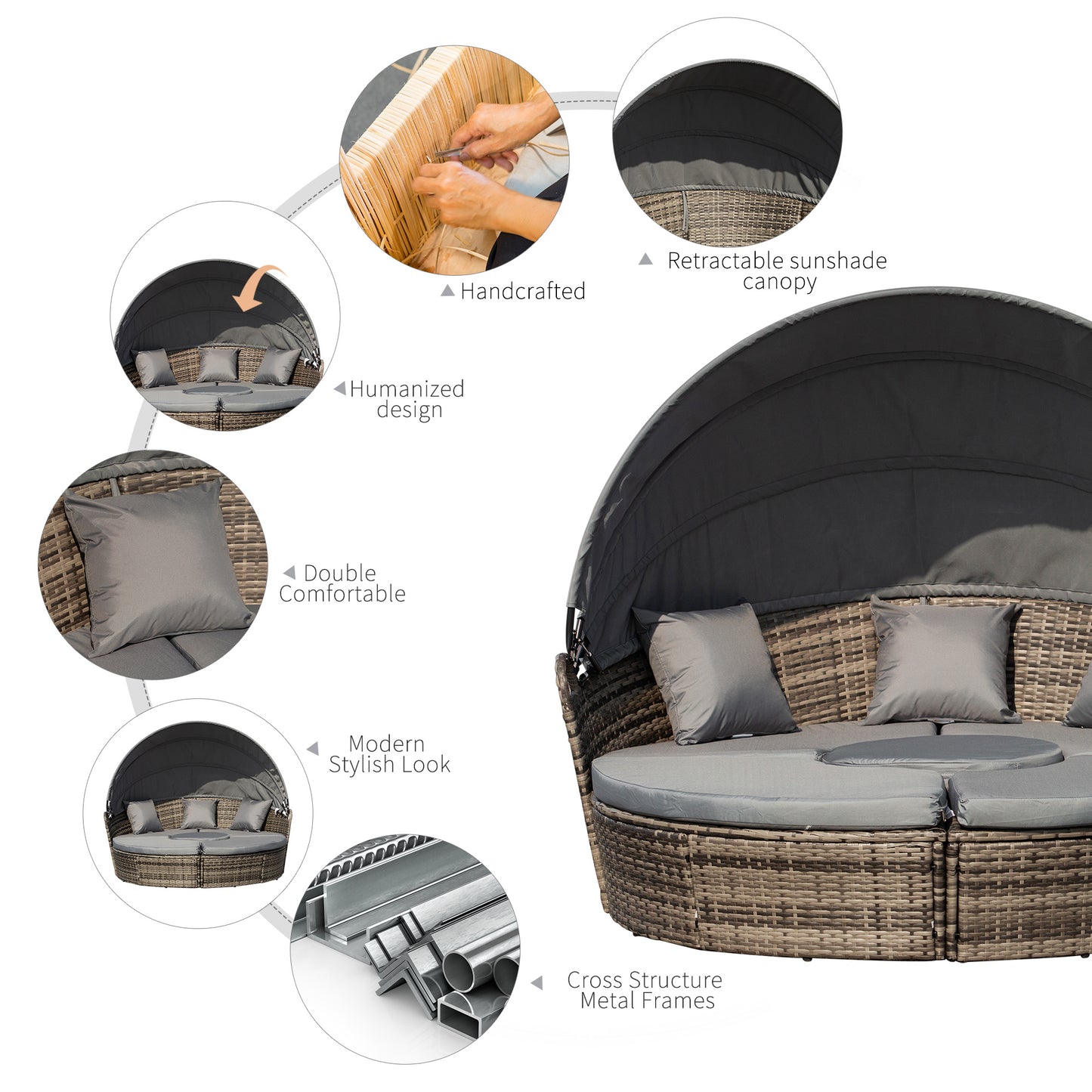 Outsunny Outdoor PE Rattan Garden Furniture with Cushioned, Patio Wicker Conversation Furniture Set, Round Daybed with Retractable Canopy, Coffee Table and Three Pillows, Dark Grey/Grey