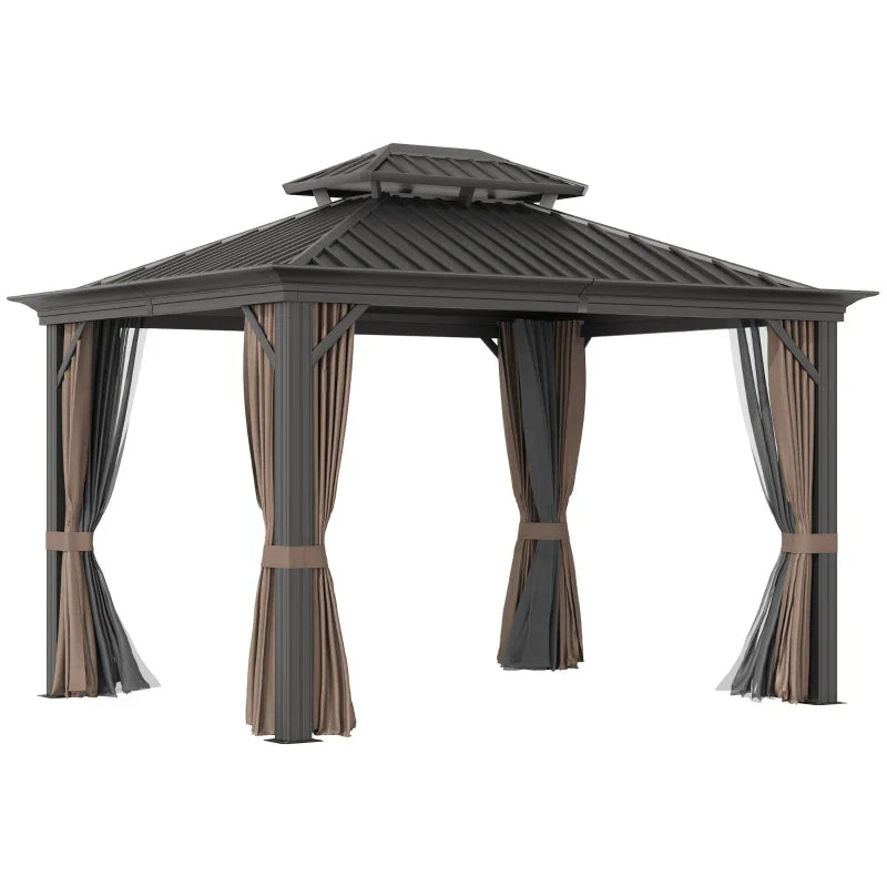 3.65m x 3m Aluminium Hardtop Gazebo - Brown Double Roof Patio Shelter with Privacy Curtains