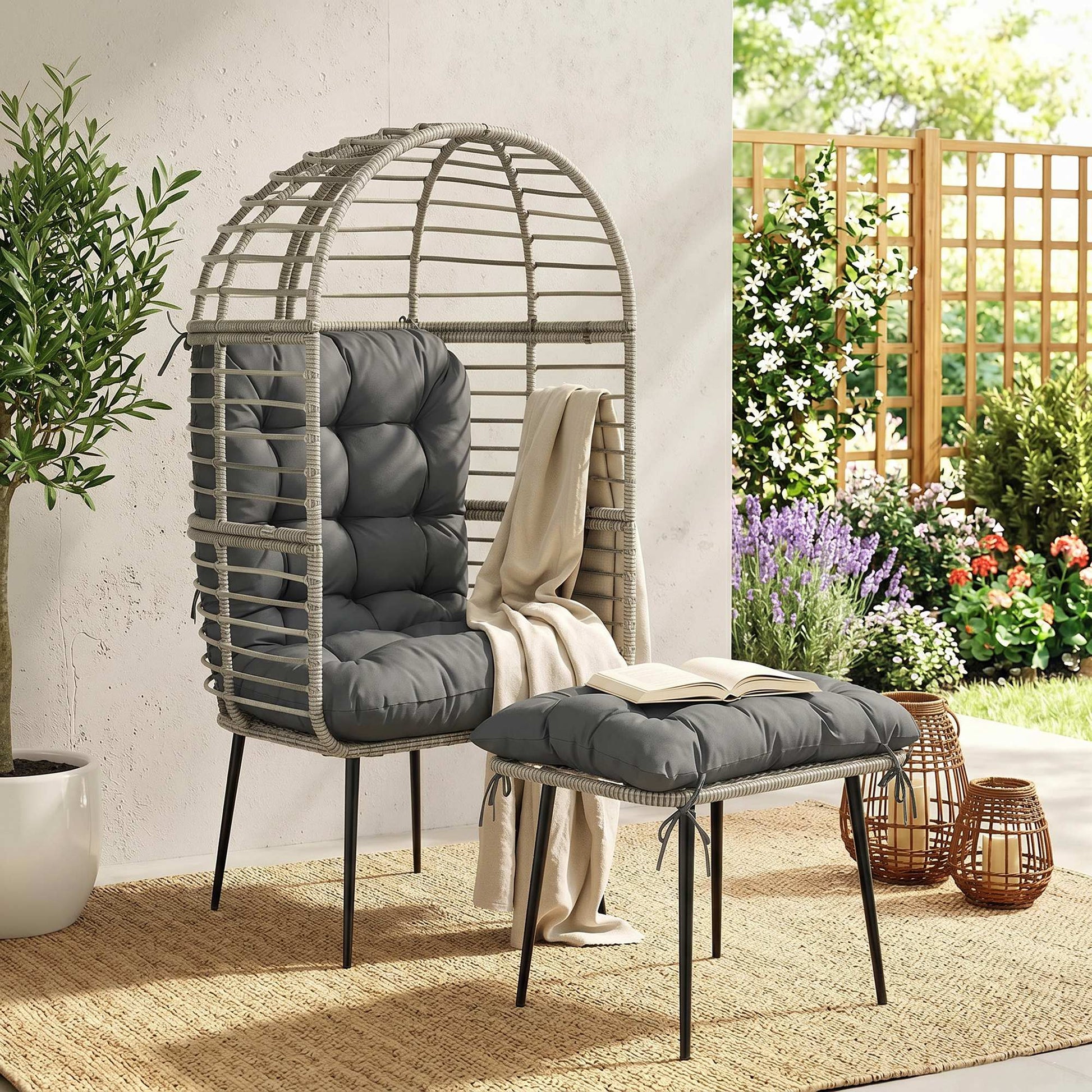 Verona Garden Egg Chair with Footstool, Rattan Lounge Chair and Ottoman Set with Thick Cushions, Light Grey