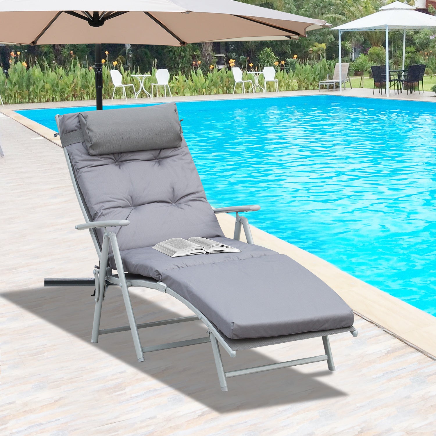 Monaco Steel Frame Garden Padded Sun Lounger w/ Pillow Grey