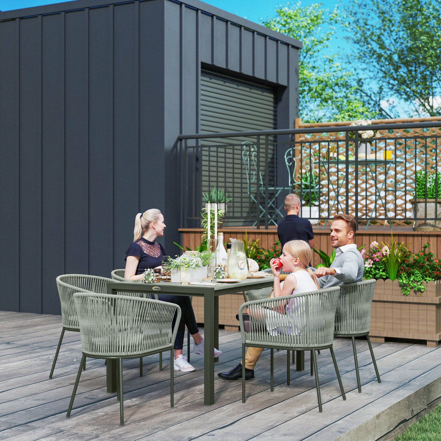 Amalfi Rattan Dining Set, 6 Seater Rattan Garden Furniture Set with Acacia Wood Top Rectangle Table, 6 Chairs