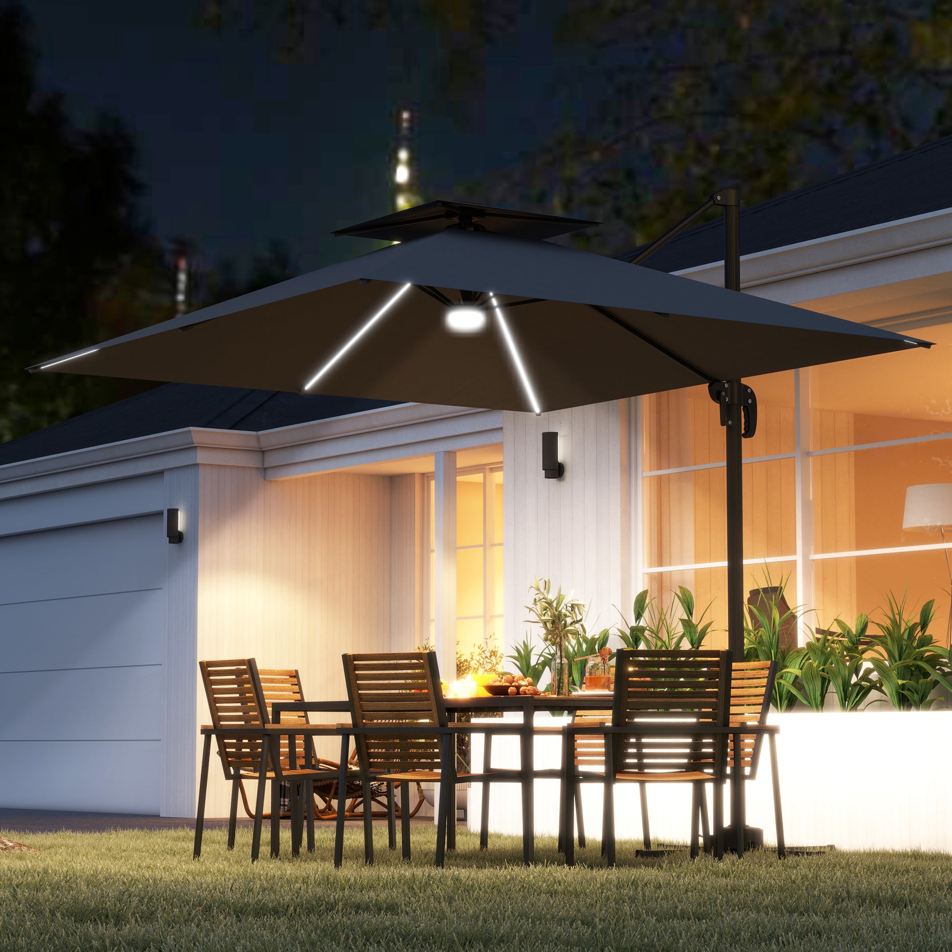 2.5m Cantilever Parasol with Solar Powered LED Lights, 360° Rotation, Tilt Adjustment, Crank Handle