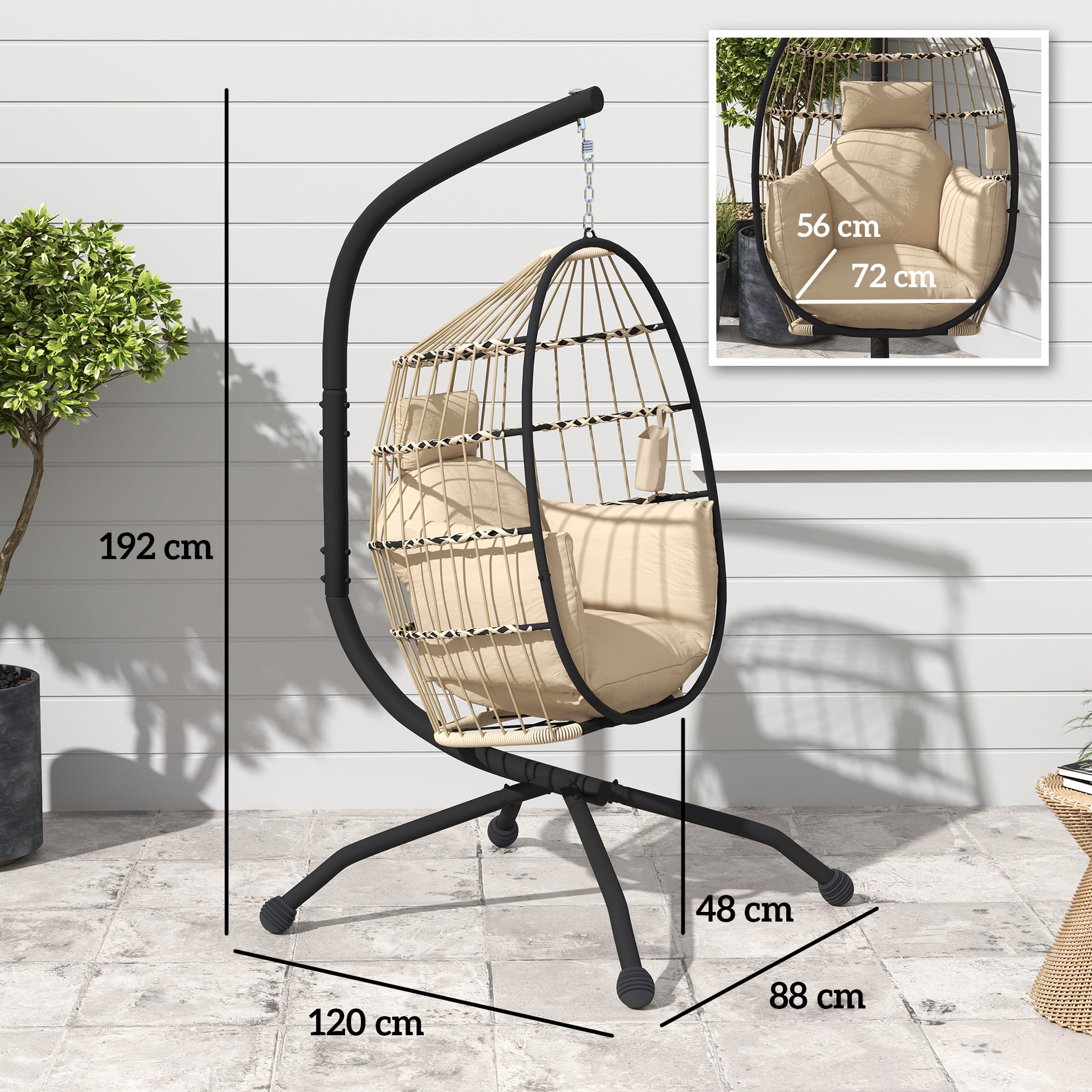 Outsunny Hanging Egg Chair Outdoor Indoor Garden Swing Chair with Folding Basket and Thickened Cushion, Garden Hanging Chair with Stand, Headrest, Cup Holder for Patio, Balcony, Khaki