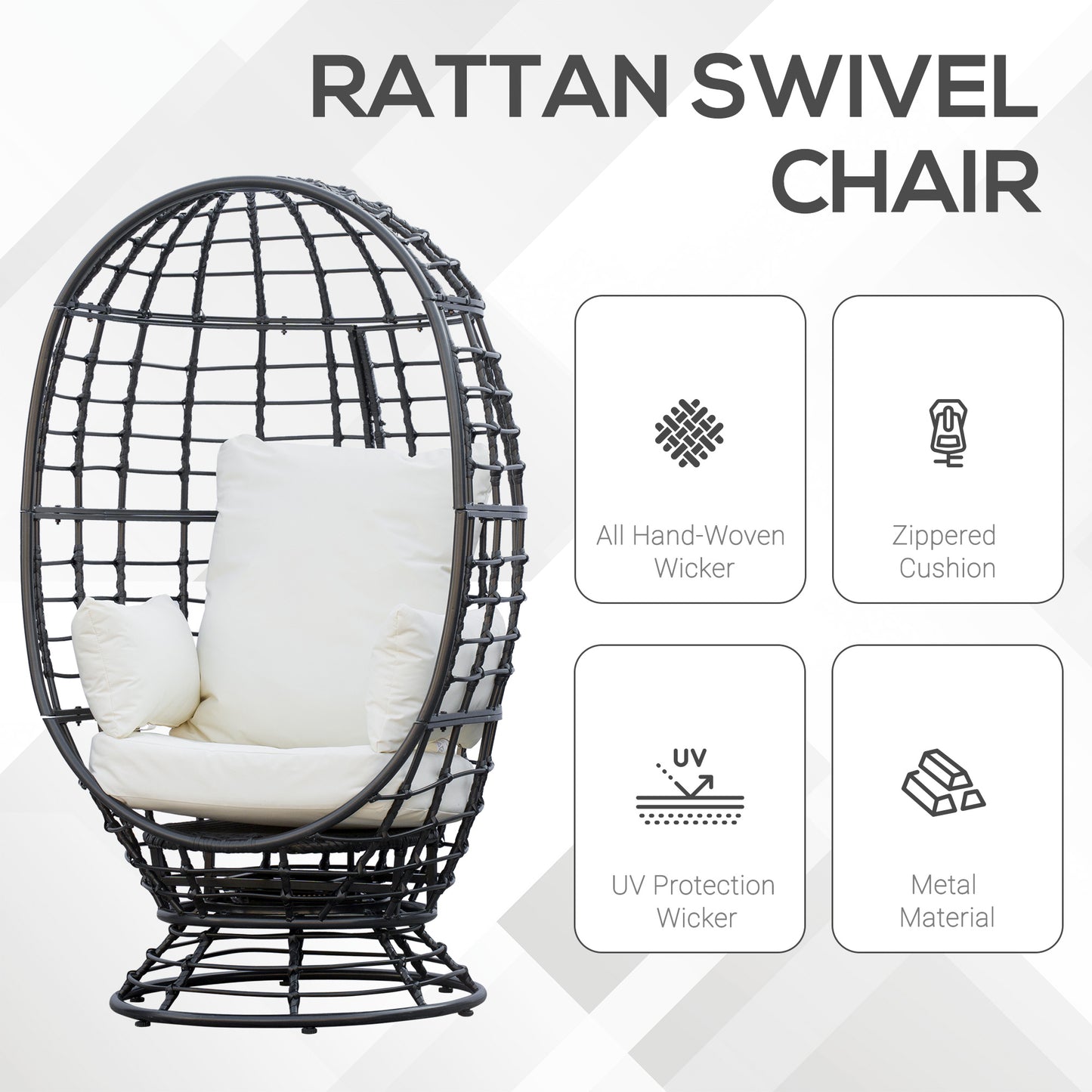 Outsunny 360° Swivel Egg Chair, Garden Rattan Swivel Chair with Thickened Cushion and Pillow, 150 KG Capacity for Indoor Outdoor, Balcony, Patio, Black