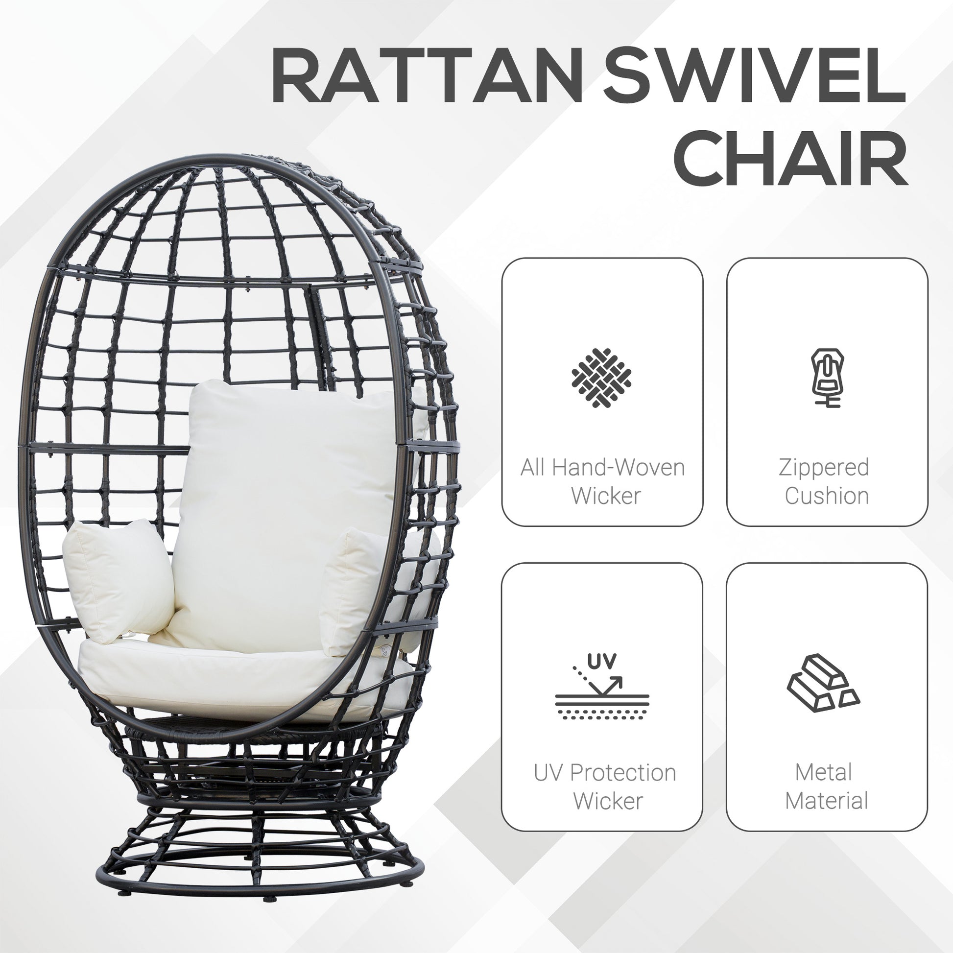 Outsunny 360° Swivel Egg Chair, Garden Rattan Swivel Chair with Thickened Cushion and Pillow, 150 KG Capacity for Indoor Outdoor, Balcony, Patio, Black