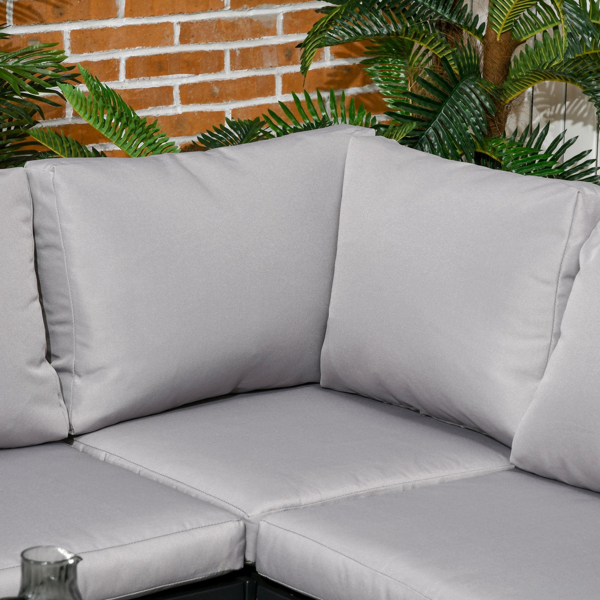 Outsunny 5 Seater Garden Corner Sofa Set, 4 Pieces Metal Garden Furniture Set with Loveseats, Glass Top Coffee Table, Breathable Mesh Pocket, Outdoor Conversation Furniture with Cushions, Light Grey