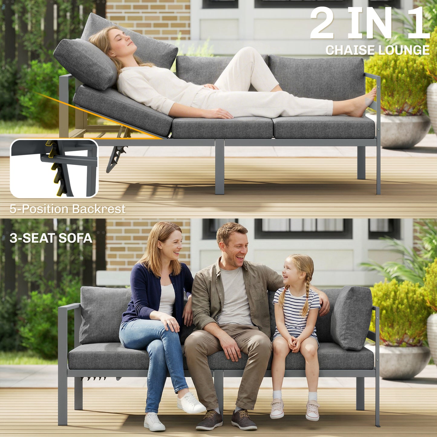Outsunny 3 Pieces Garden Furniture Set, Aluminium Corner Lounge Set with Adjustable Backrest, Grey