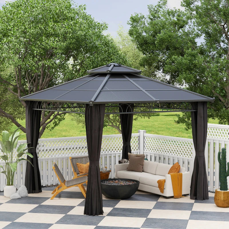 3m x 3m Dark Grey Hardtop Garden Gazebo with Polycarbonate Double Roof, Steel Frame, Privacy Curtains & Insect Netting Outdoor Pavilion