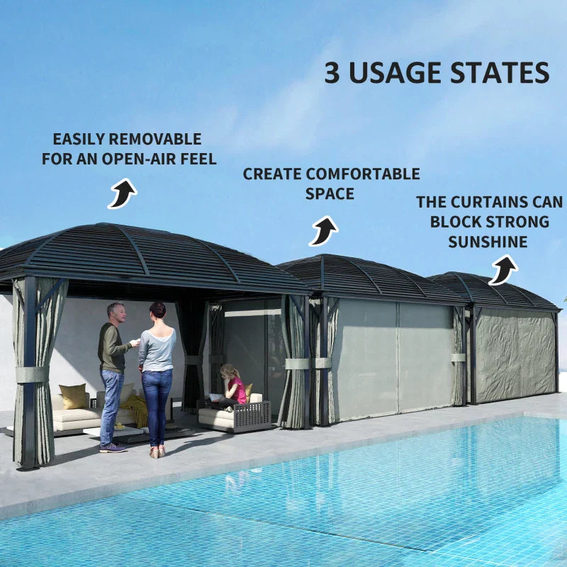 3m x 4m Dark Grey Hardtop Garden Gazebo Pavilion – Aluminium Frame with Steel Roof, Privacy Curtains & Insect Mesh Canopy Shelter