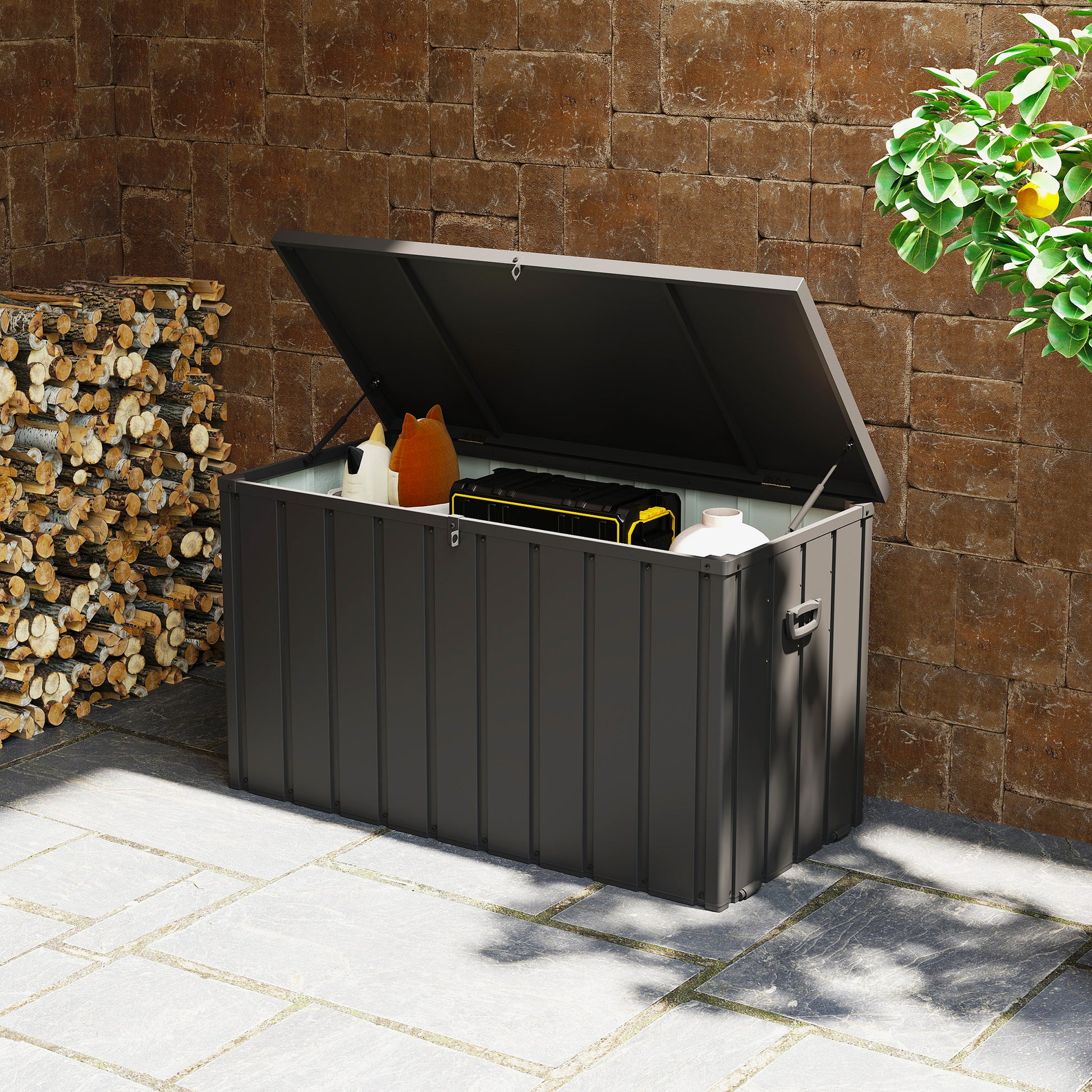 Outsunny - 450L Galvanised Steel Garden Storage Box, with Wheels, Lockable, Dark Grey