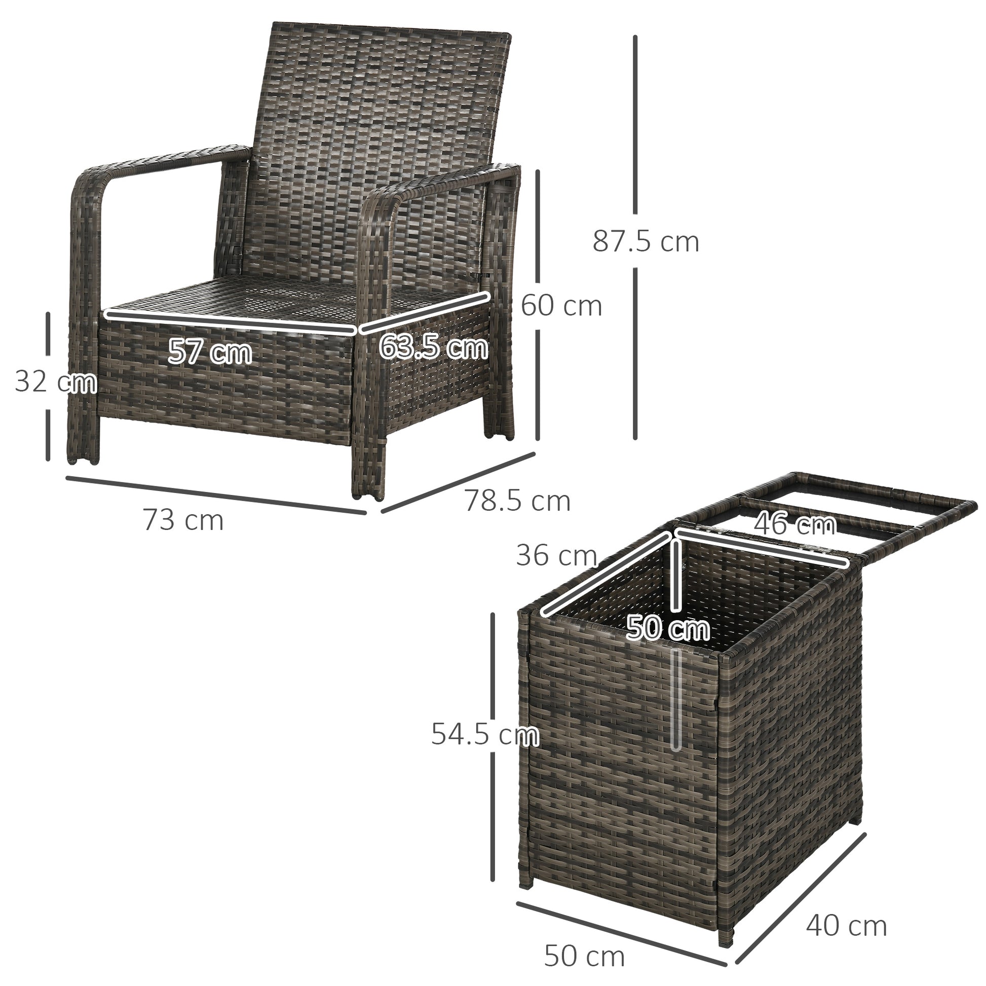 Outsunny 3 Pieces Rattan Bistro Set, Wicker Garden Furniture Set with Storage Coffee Table and Chairs, Thickened Cushions for Outdoor, Patio, Balcony, Grey