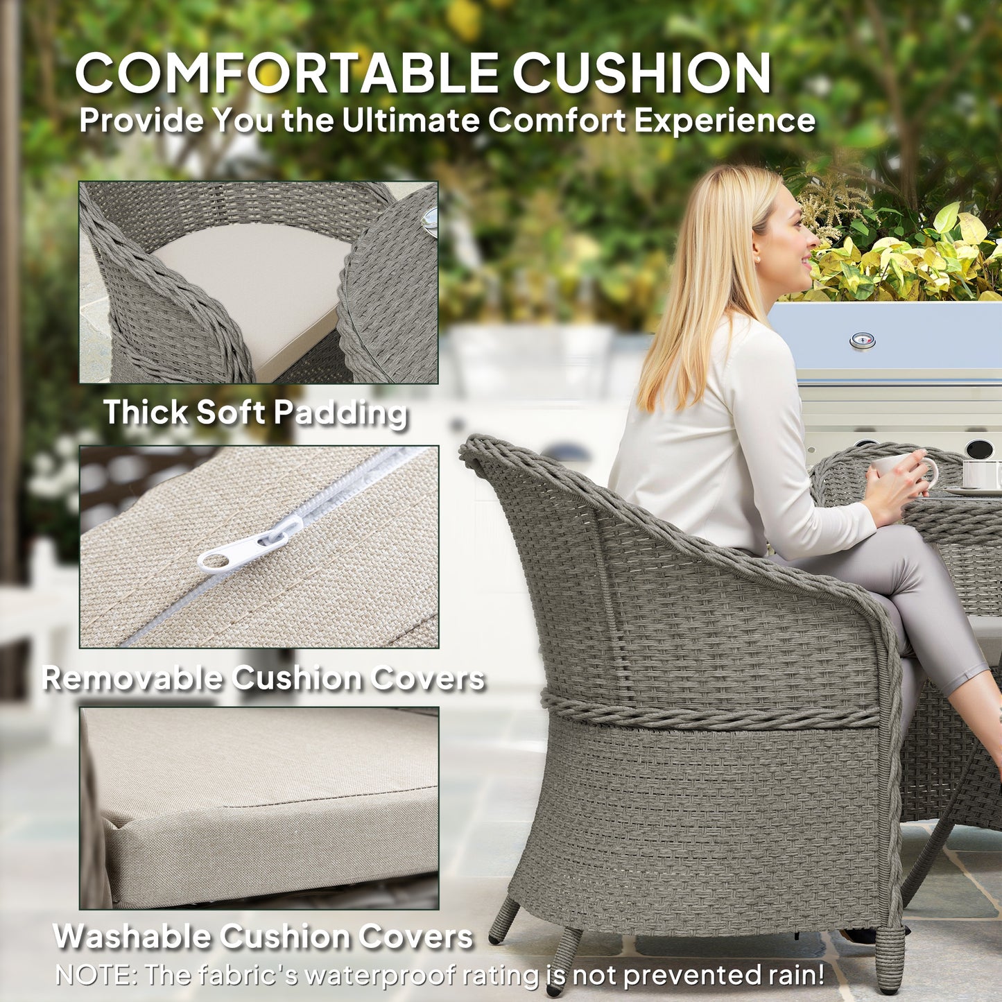 Outsunny 4 Seater Rattan Garden Furniture Set with Cushions, Round PE Rattan Dining Set with Glass-Top Table, Umbrella Hole, Outdoor Garden Table and Chairs, Grey