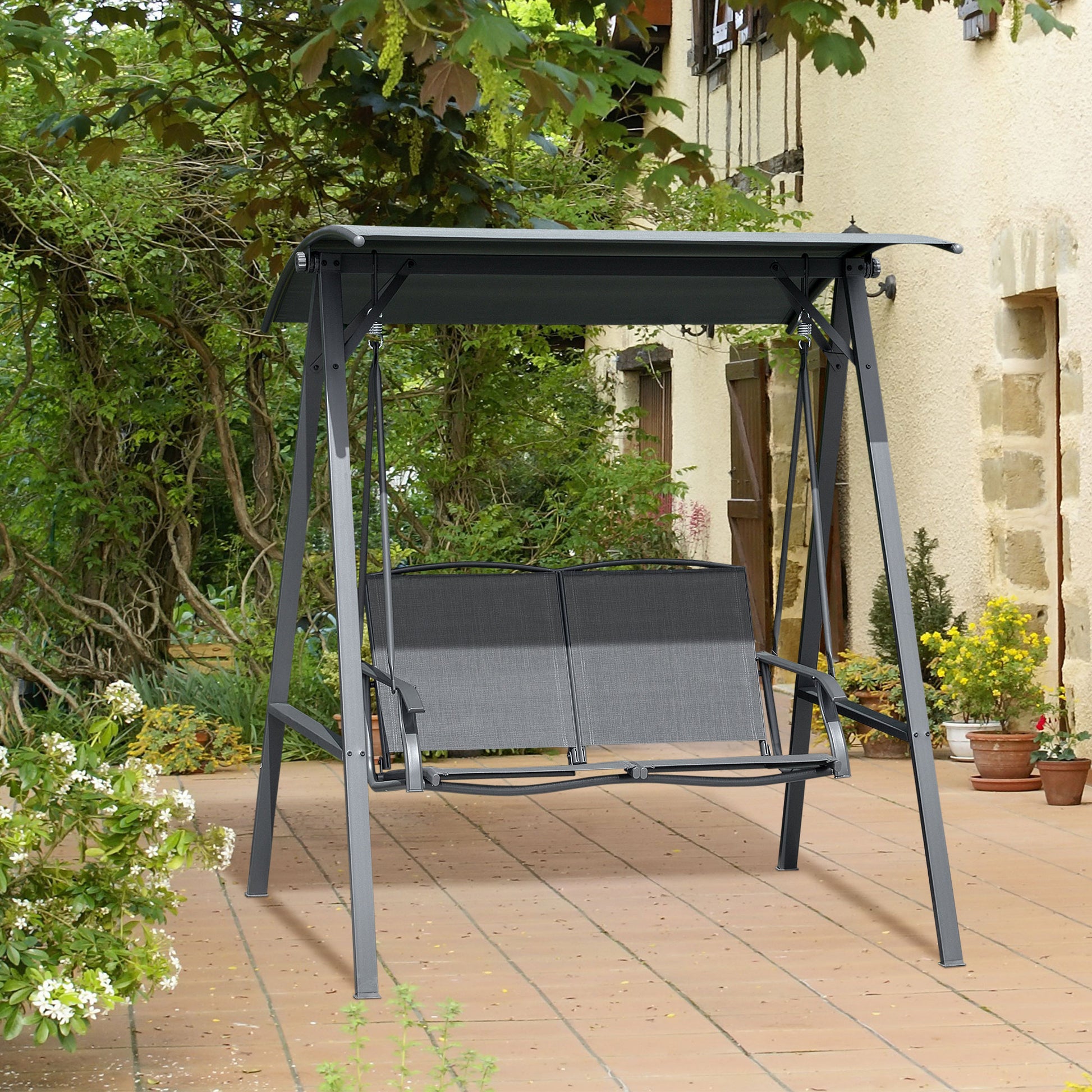 Marbella 2 Seater Garden Swing Seat Swing Chair, Outdoor Canopy Swing Bench with Adjustable Shade