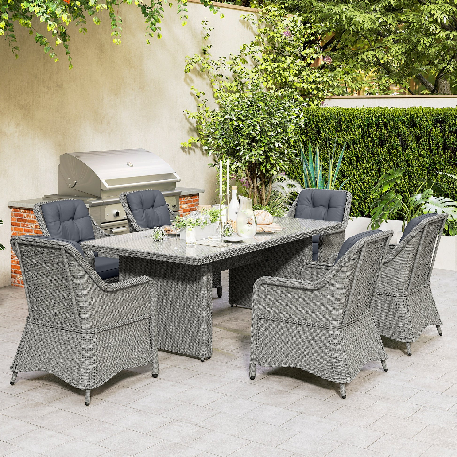 Outsunny 6 Seater Rattan Garden Dining Set with Cushions, Aluminium Outdoor Patio Furniture Set for Garden Gatherings & Outdoor Dining, Mixed Grey