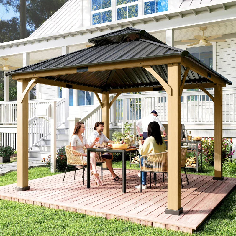 3.5m x 3.5m Wooden Hardtop Gazebo with Two Tier Black Metal Roof – Garden Pavilion Shelter