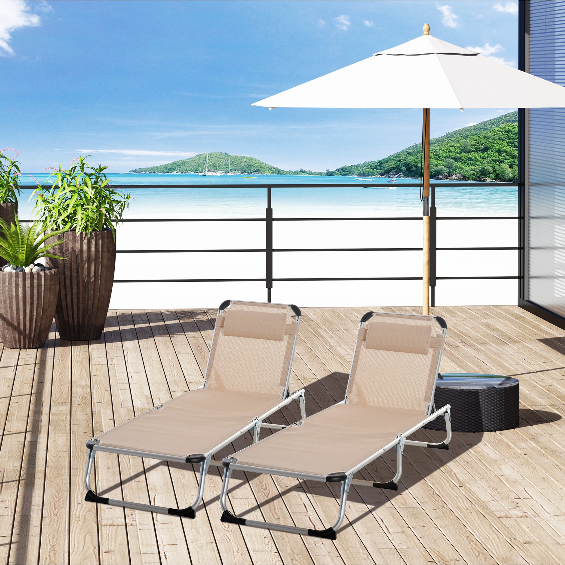 Foldable Outdoor Sun Loungers Set of 2, Reclining Lounge Chair Camping Bed Cot with Pillow 4-Level Adjustable Back Aluminium Frame, Khaki