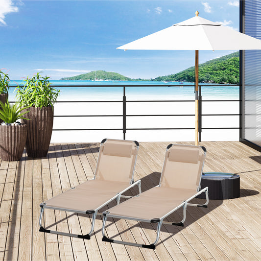 Foldable Outdoor Sun Loungers Set of 2, Reclining Lounge Chair Camping Bed Cot with Pillow 4-Level Adjustable Back Aluminium Frame, Khaki