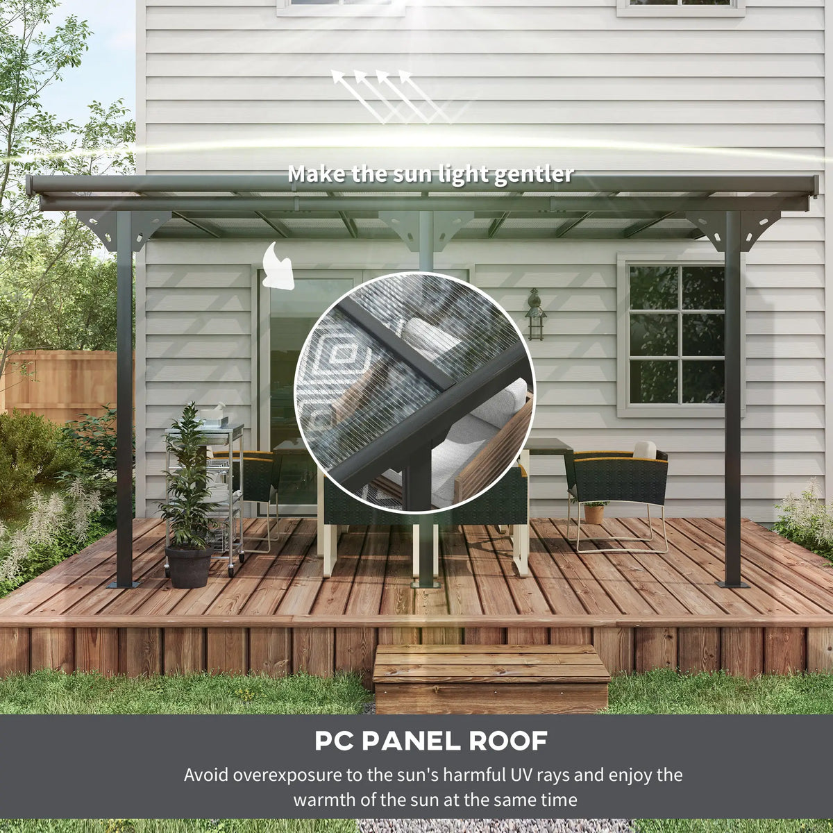 4.35m x 3m Wall Mounted Pergola – Aluminium Frame & Polycarbonate Roof – Grey Patio Cover