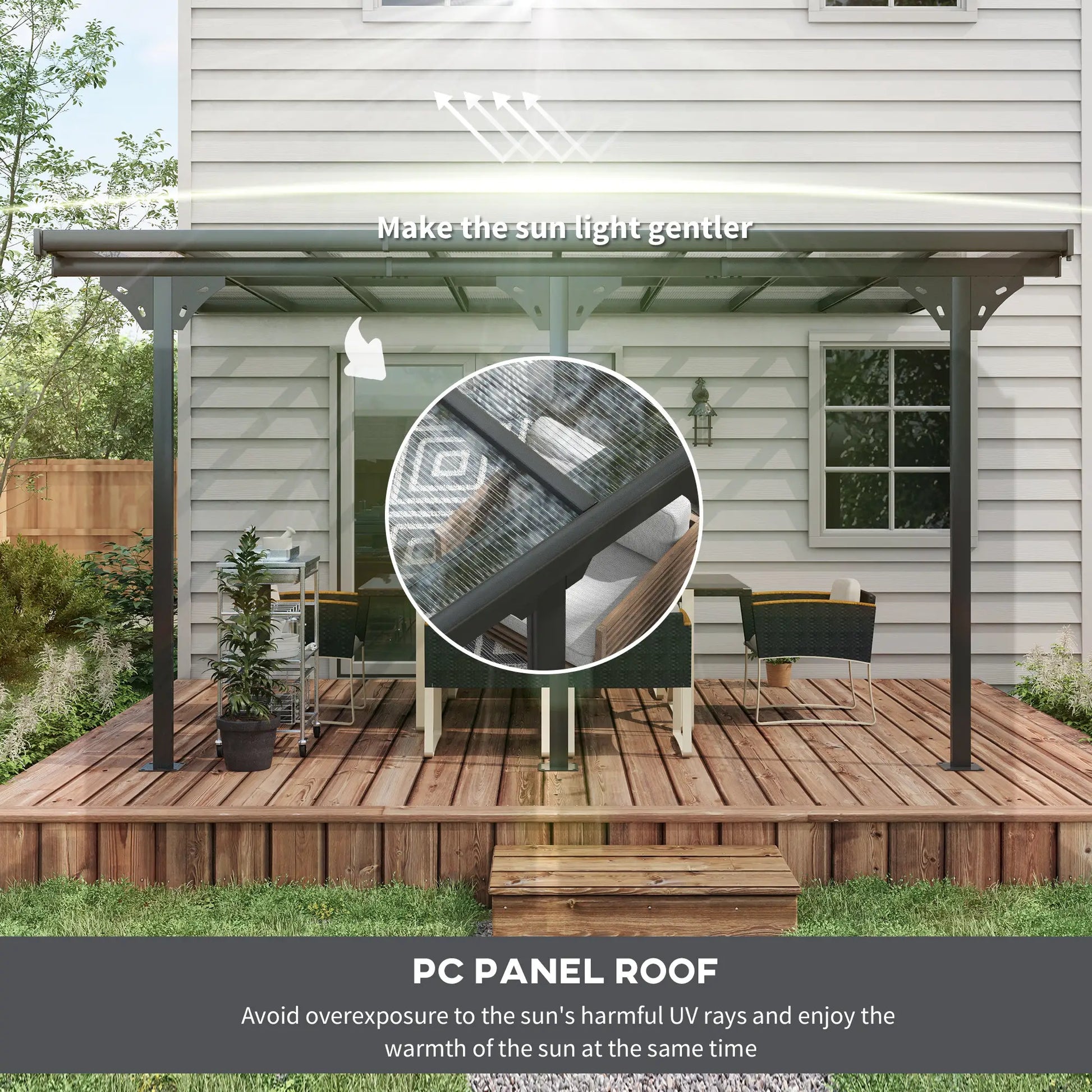 4.35m x 3m Wall Mounted Pergola – Aluminium Frame & Polycarbonate Roof – Grey Patio Cover