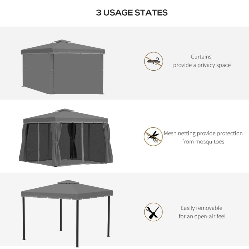 Grey 3x3m Garden Gazebo Pavilion with Aluminium Frame, Double – Tier Canopy, Curtains & Removable Insect Netting