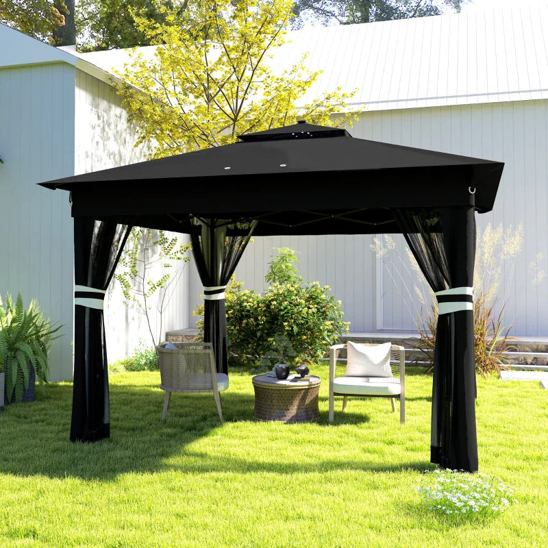 3m x 3m Pop Up Gazebo with Solar LED Lights – Black Outdoor Party Tent with Adjustable Height & Insect Netting