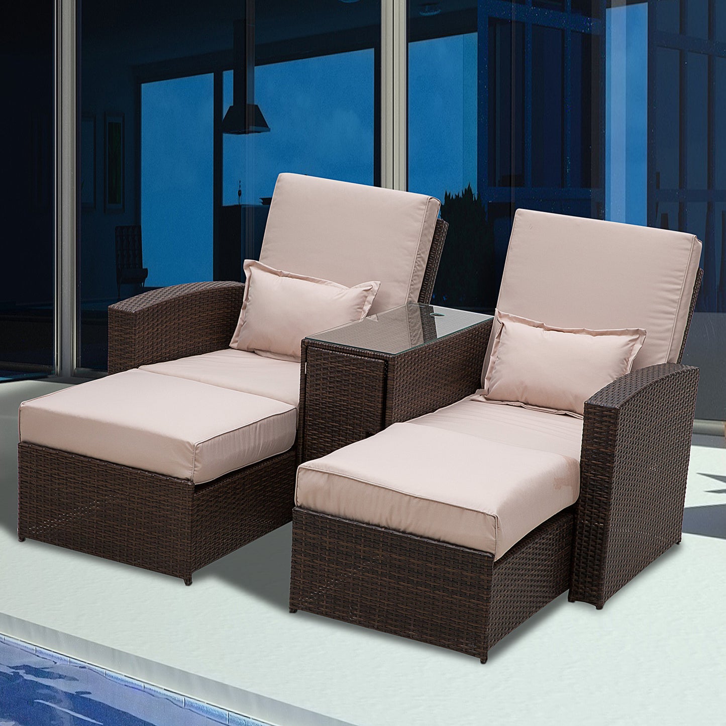 Riviera 2-Seater Rattan Sofa Lounger Set-Brown