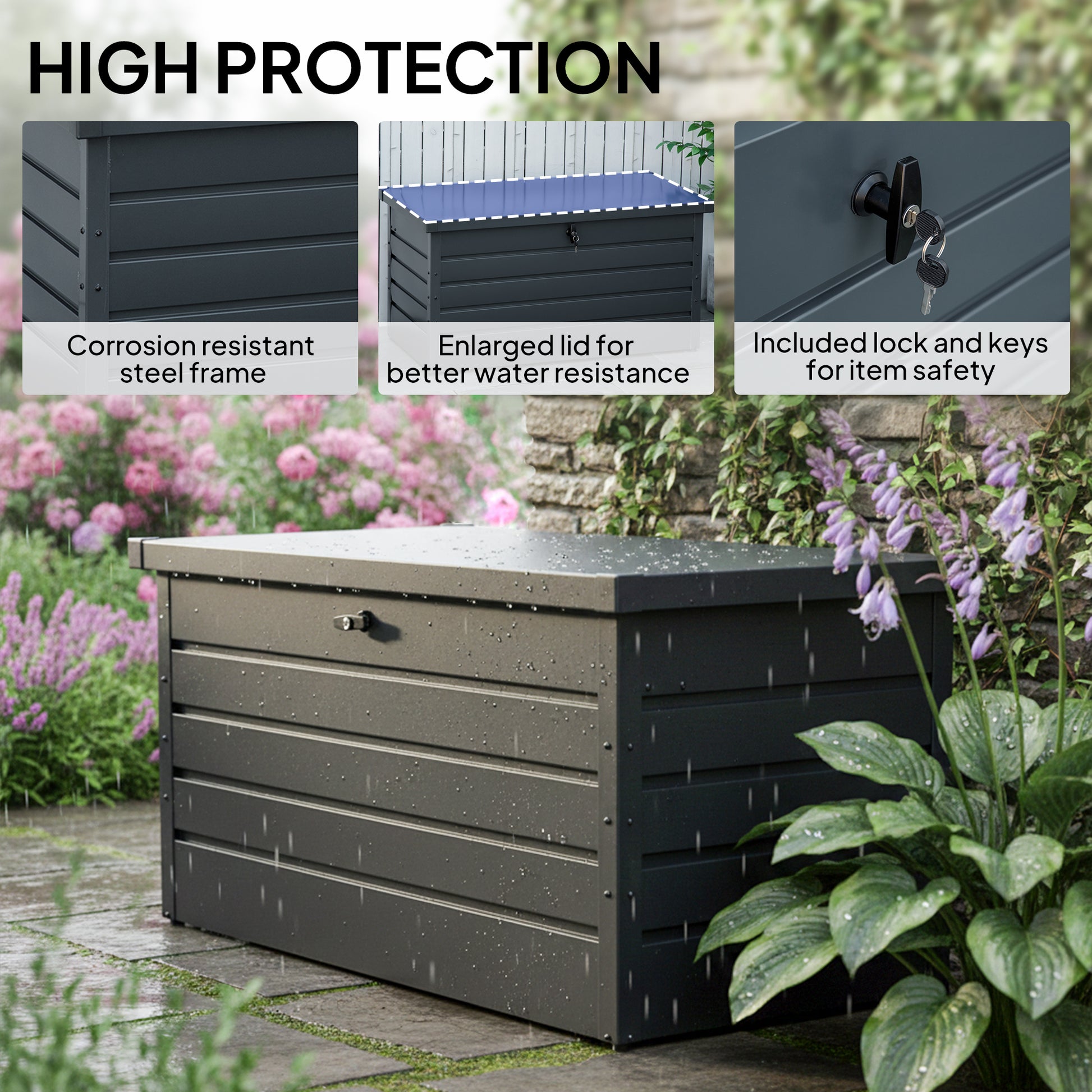 Outsunny - 311L Galvanised Steel Garden Storage Box, Lockable, Dark Grey