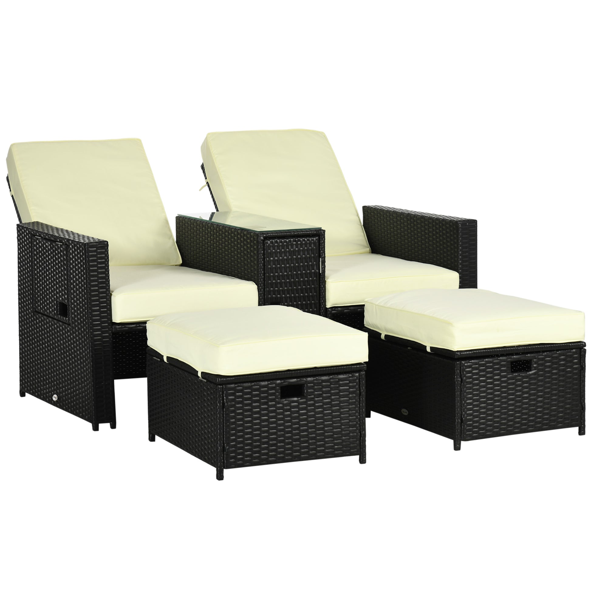 Outsunny 5PC PE Rattan Sun Lounger, 5-level Adjustable Recliner Sofa Bed with Storage Side Table and Footstools, Black