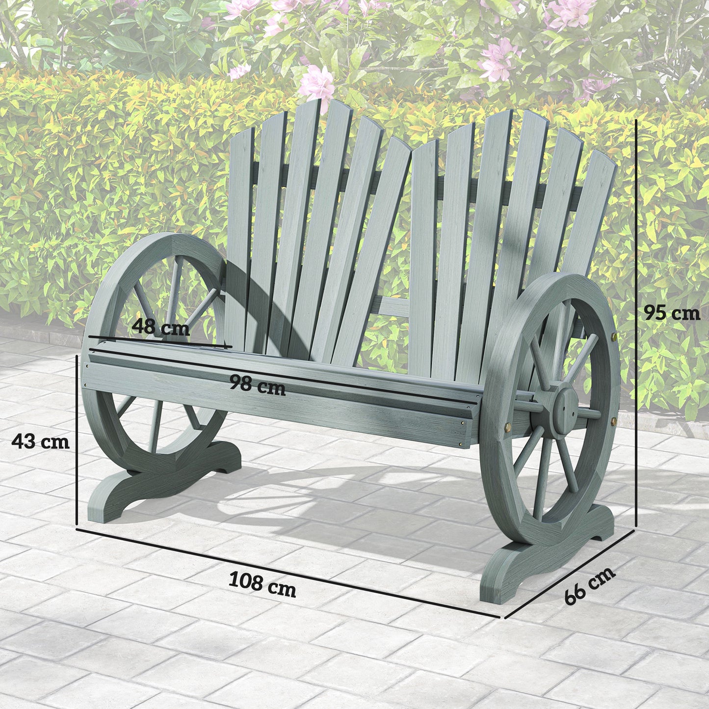 Outsunny Fir Wood Love Seats with Wheel-Shaped Armrests, Large Load-Bearing Chair, Grey