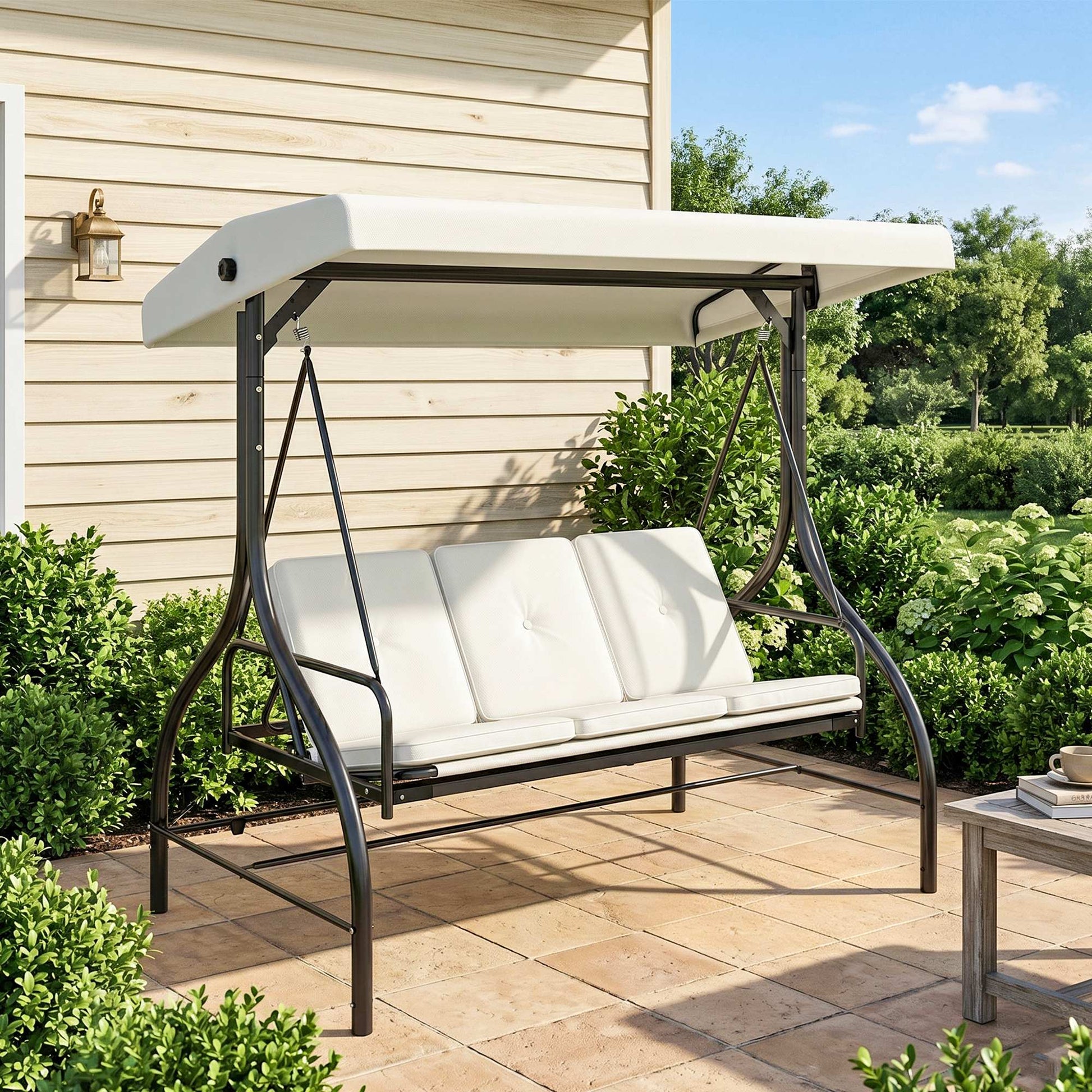 Outsunny 3 Seater Garden Swing Chair, 2 in 1 Convertible Patio Swing Seat Bed with Adjustable Canopy, Cushions and Metal Frame, Outdoor Hammock Bench Chair for Balcony, Terrace, Cream White