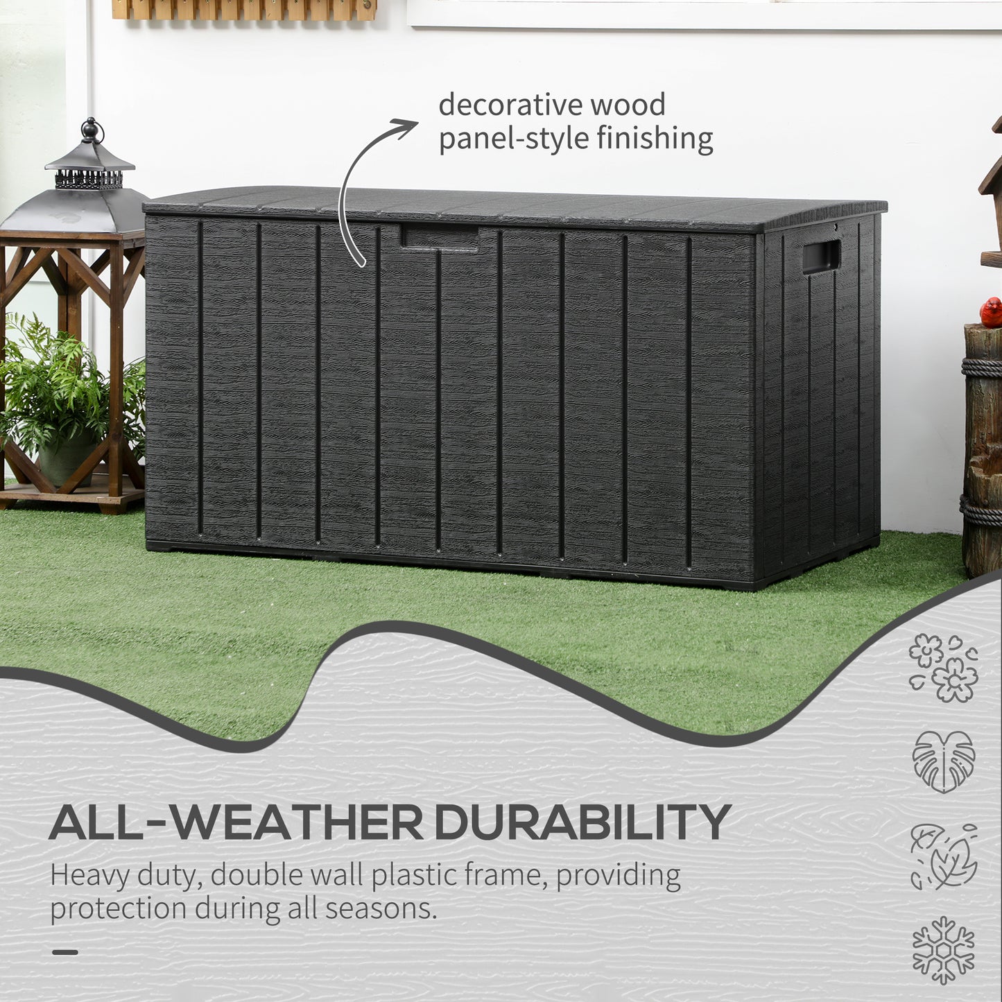 Outsunny - 336L Plastic Garden Storage Box, with Wheels, Black