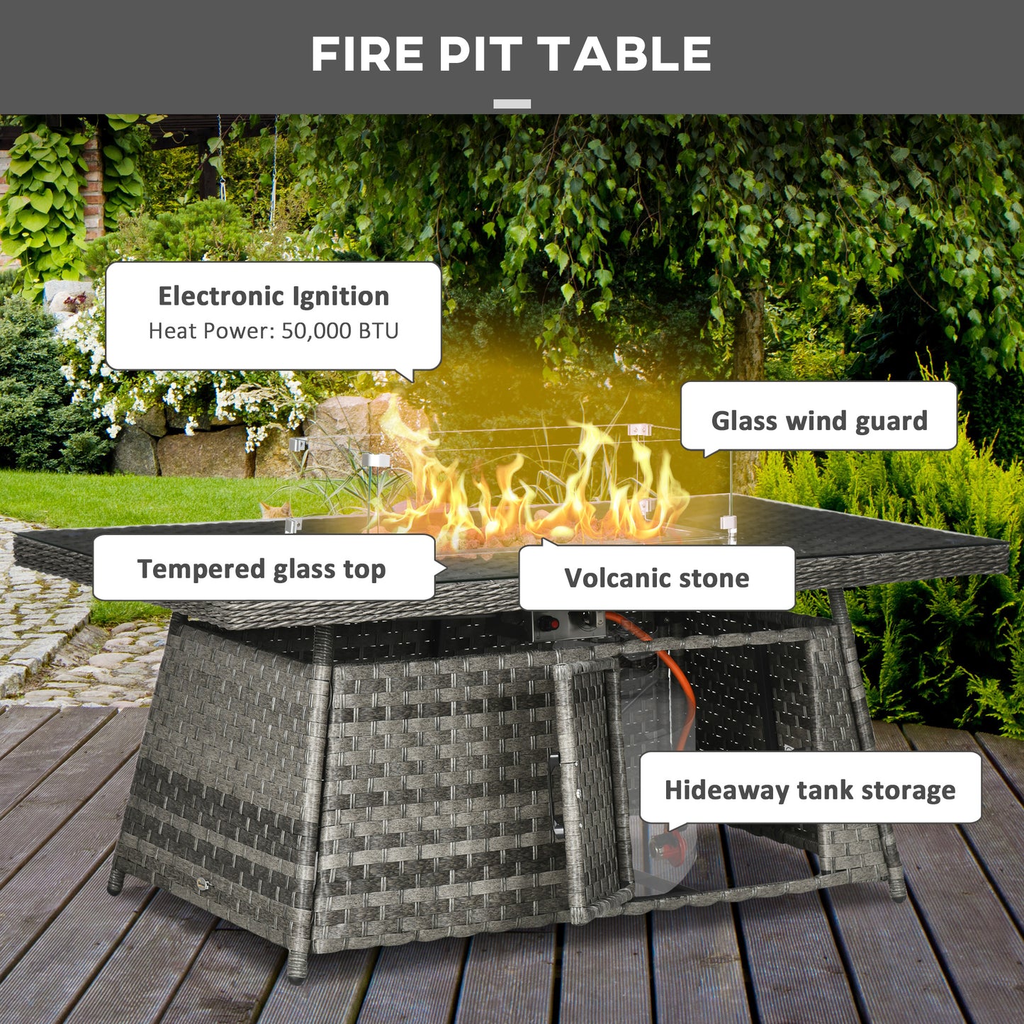 Outsunny All-Season Fire Pit Patio Furniture Set Wicker Sofa Set With 50000 Btu Fire Table For Outdoor Gatherings - Grey
