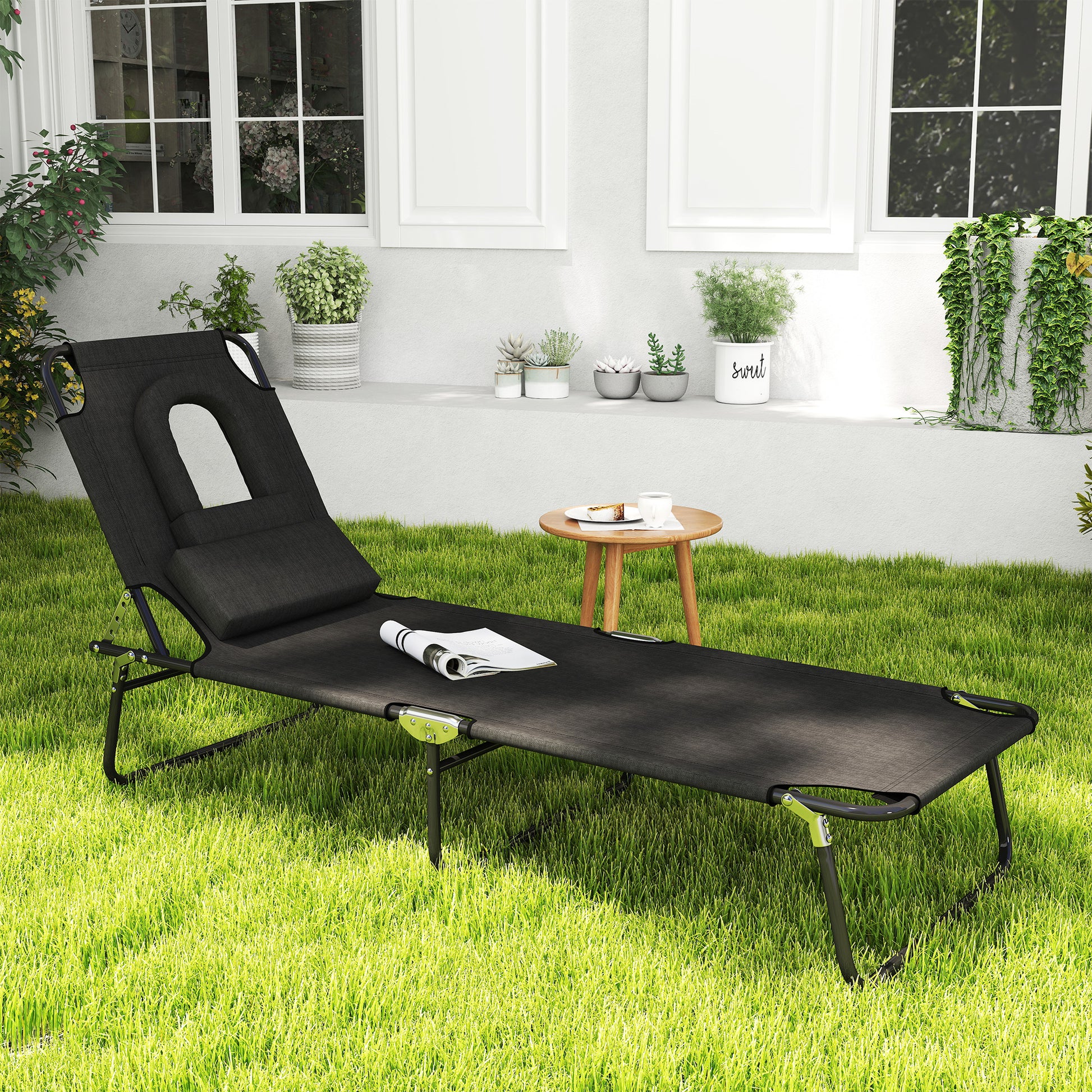 Outdoor Folding Sun Lounger with Face Hole, 4 Level Adjustable Backrest Reclining Garden Lounger, Garden Recliner Sunbed with 600 D Oxford Cloth