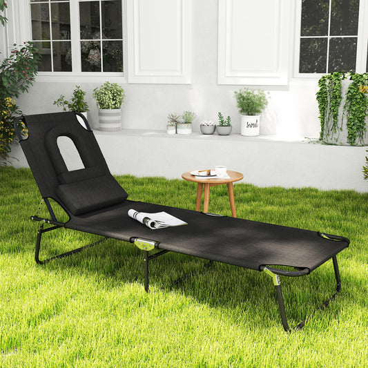 Outdoor Folding Sun Lounger with Face Hole, 4 Level Adjustable Backrest Reclining Garden Lounger, Garden Recliner Sunbed with 600 D Oxford Cloth