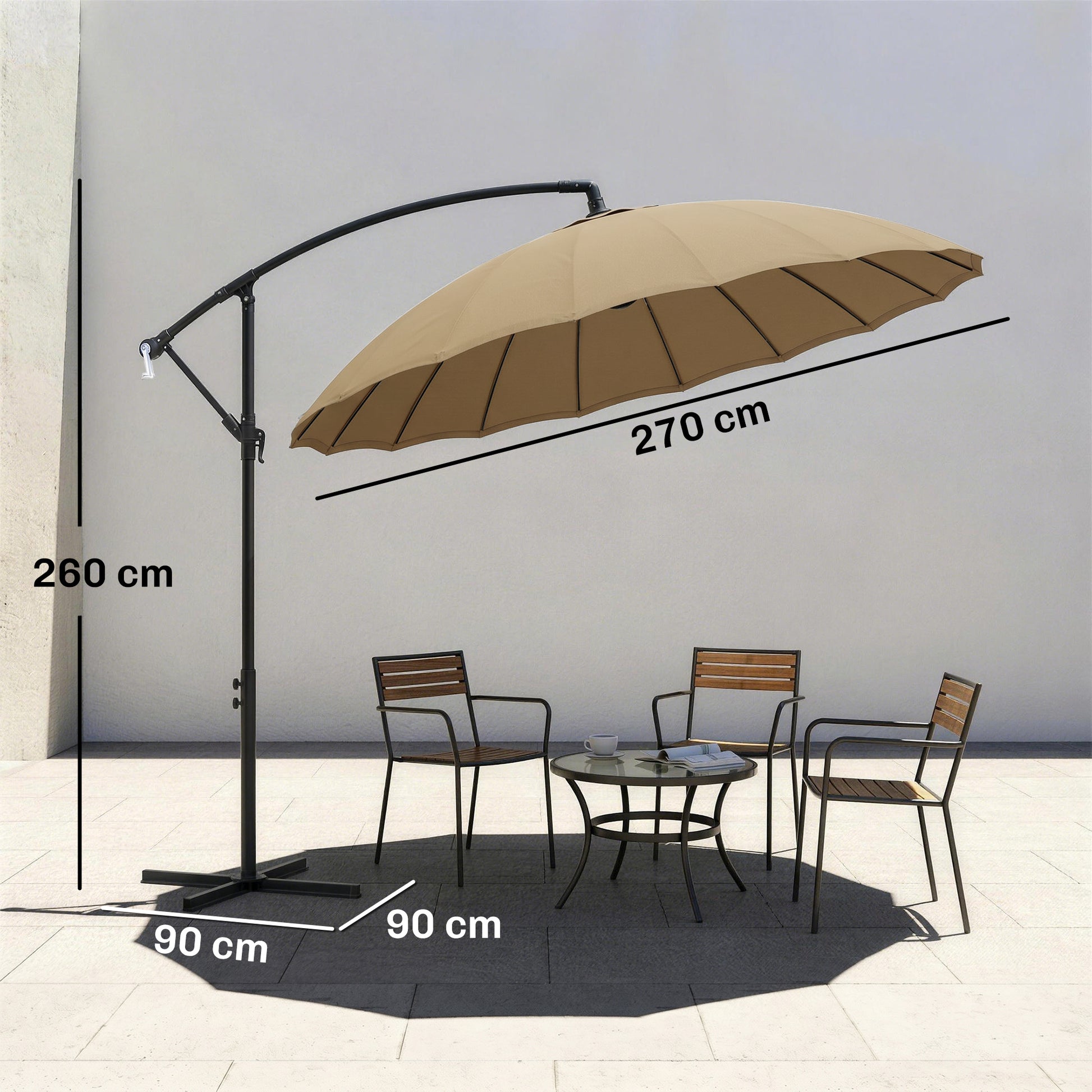 Outsunny 3(m) Cantilever Umbrella 18 Ribs & Vents Adjustable Angle for Patio Khaki