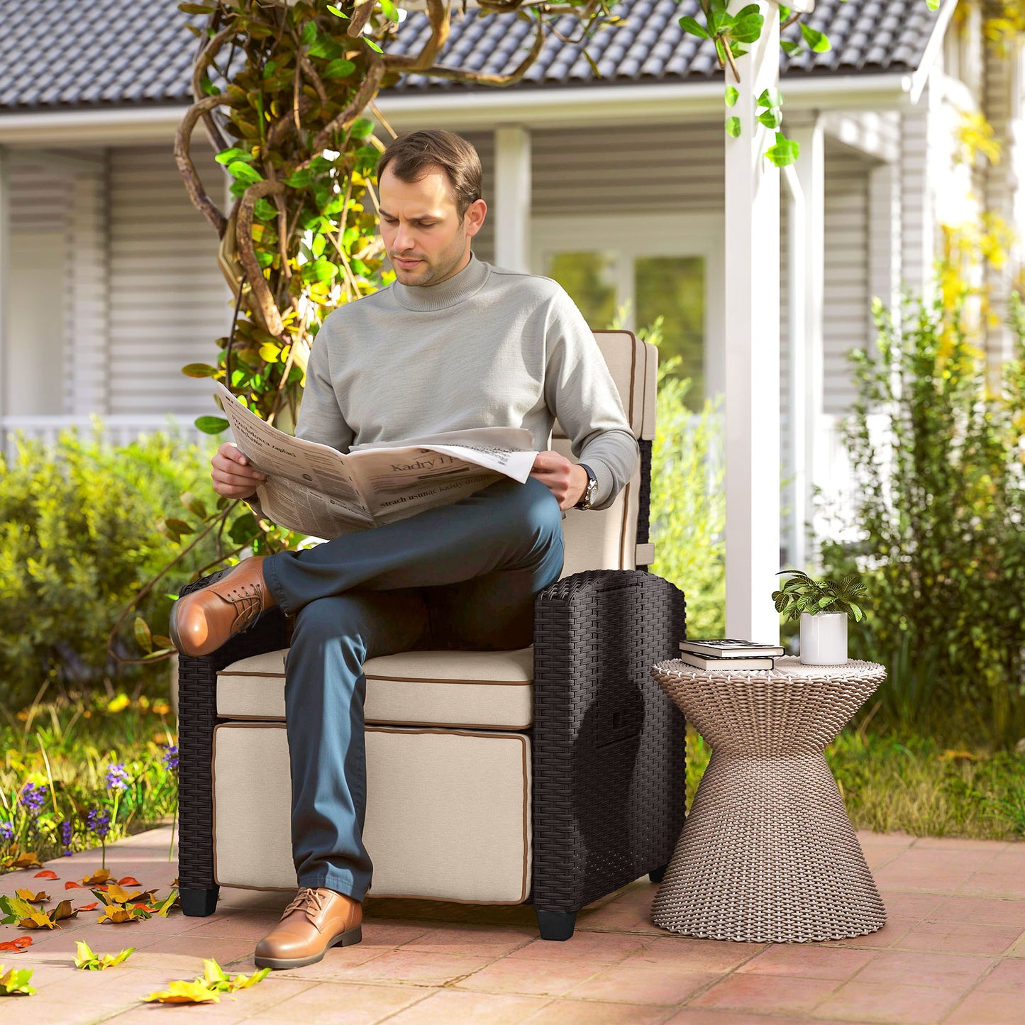 Portofino 145° Reclining Rattan Armchair, with Footrest - Brown/Khaki