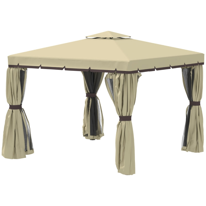 3m x 3m Beige Double – Tier Water – Resistant Garden Gazebo with Mesh Curtains, Metal Frame & Ground Fixing Kit