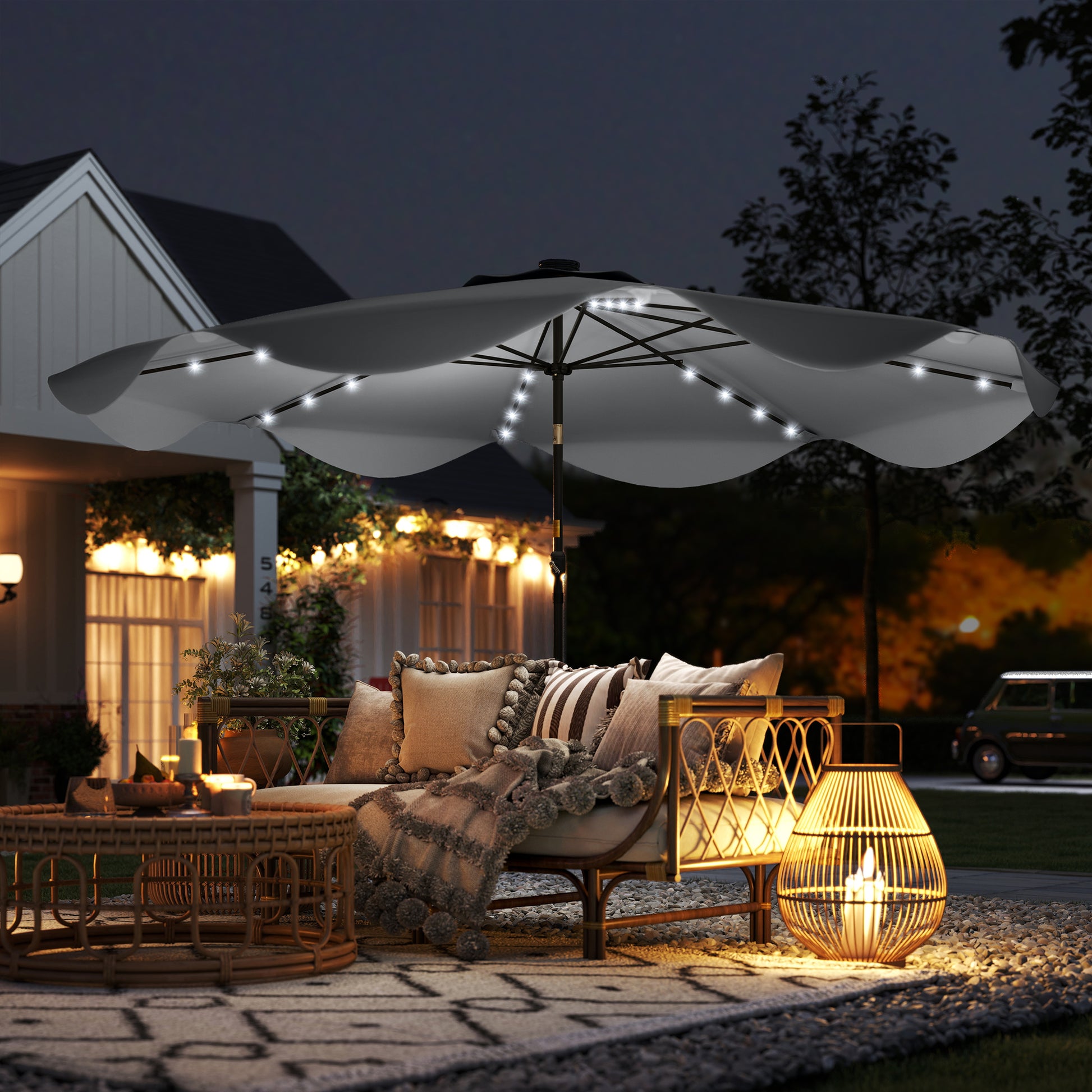 Solar Patio Umbrella with LED and Tilt, Outdoor Market Table Umbrella Parasol with Crank, 3 x 3 (m)