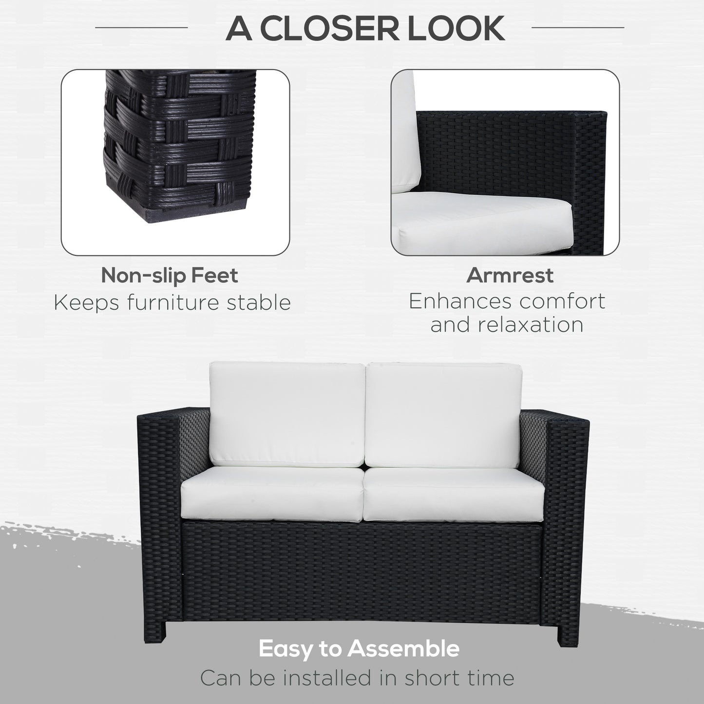 Outsunny Rattan Sofa, 2 Seater Garden Furniture with Soft Padded Cushion and Armrests, Wicker Garden Loveseat for Patio, Black
