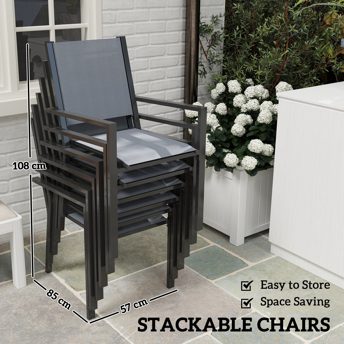 Outsunny 7 Piece Garden Dining Set, Outdoor Furniture Set with 6 Stackable Chairs and 150 cm Rectangle Table, WPC Slatted Top, Rust-Resistant Steel Frame, for Garden, Porch, Terrace