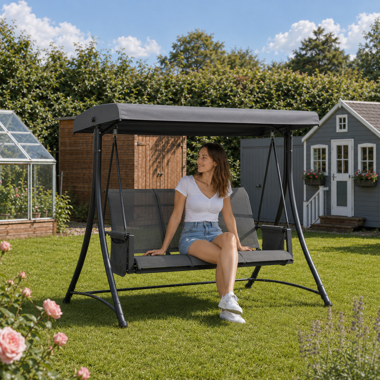 Amalfi 3 Person Garden Porch Swing Chair with High Back Design and Side Pouches, Charcoal Grey
