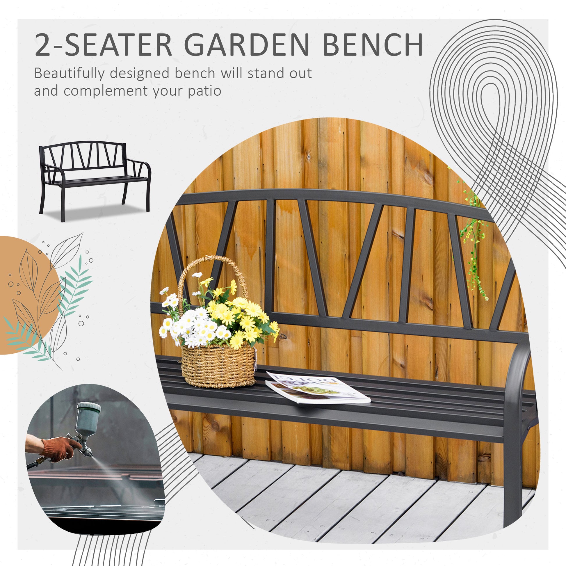 Outsunny 2-Seater Garden Bench Metal Loveseat w/ Decorative Backrest Ergonomic Armrest
